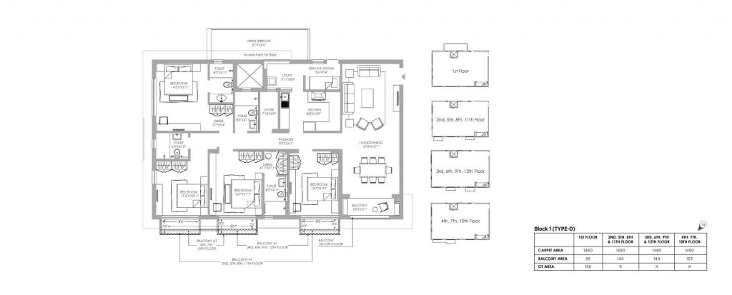 4 bhk duplex house plans: unit plan of D-1490 SQ FT