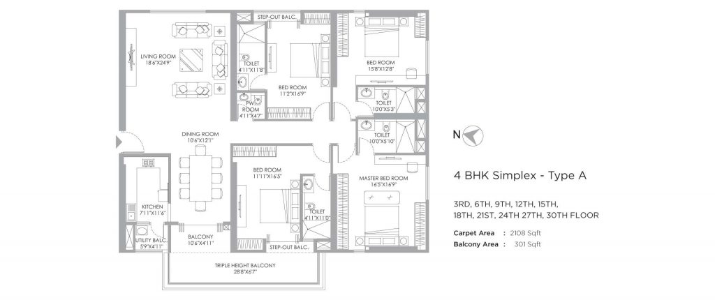 4 bhk duplex house plans: unit plan of 2409 SQFT