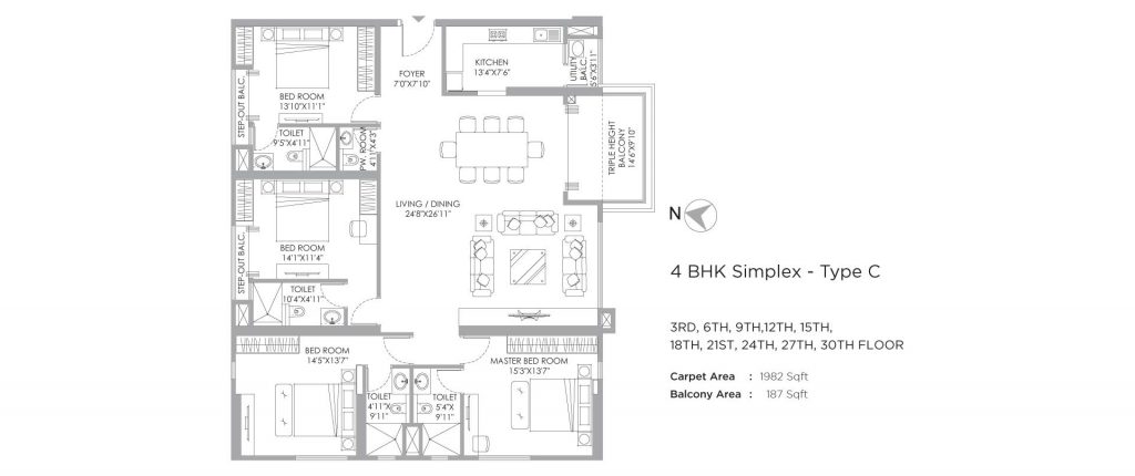 4 bhk duplex house plans: unit plan of 2169 SQFT