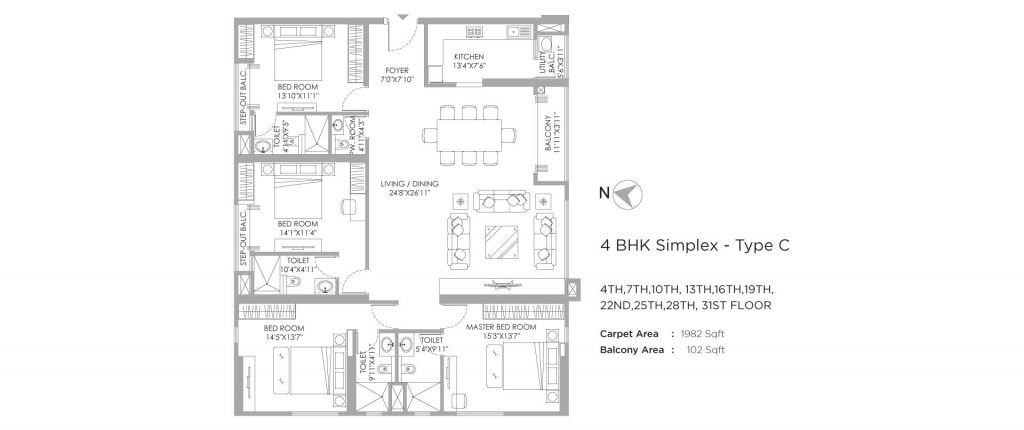 4 bhk duplex house plans: unit plan of 2084 SQ FT