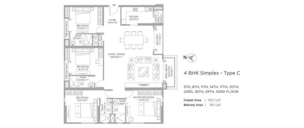 4 bhk duplex house plans: unit plan of 2168 SQ FT