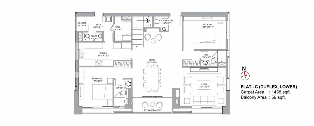 4 bhk duplex house plans: UNIT C LOWER 1438 SQFT