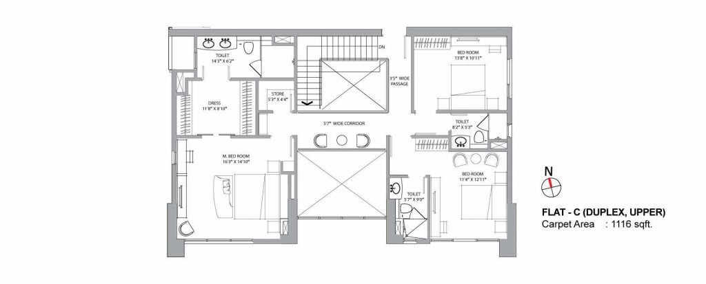 4 bhk duplex house plans: UNIT C UPPER 1116 SQFT
