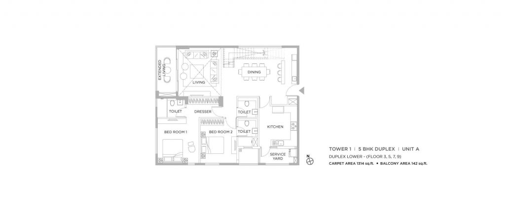 4 bhk duplex house plans: unit plan of LOWER 1314 SQFT